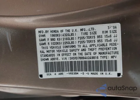 2004 Honda Cr-V Ex from USA, damaged, VIN SHSRD78894U249816